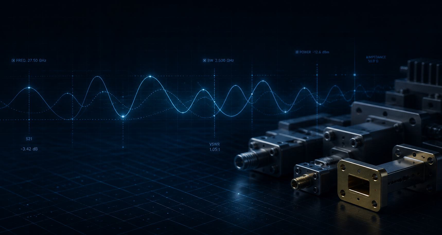RF/microwave waveguide components with signal waveforms — high-power precision engineering.