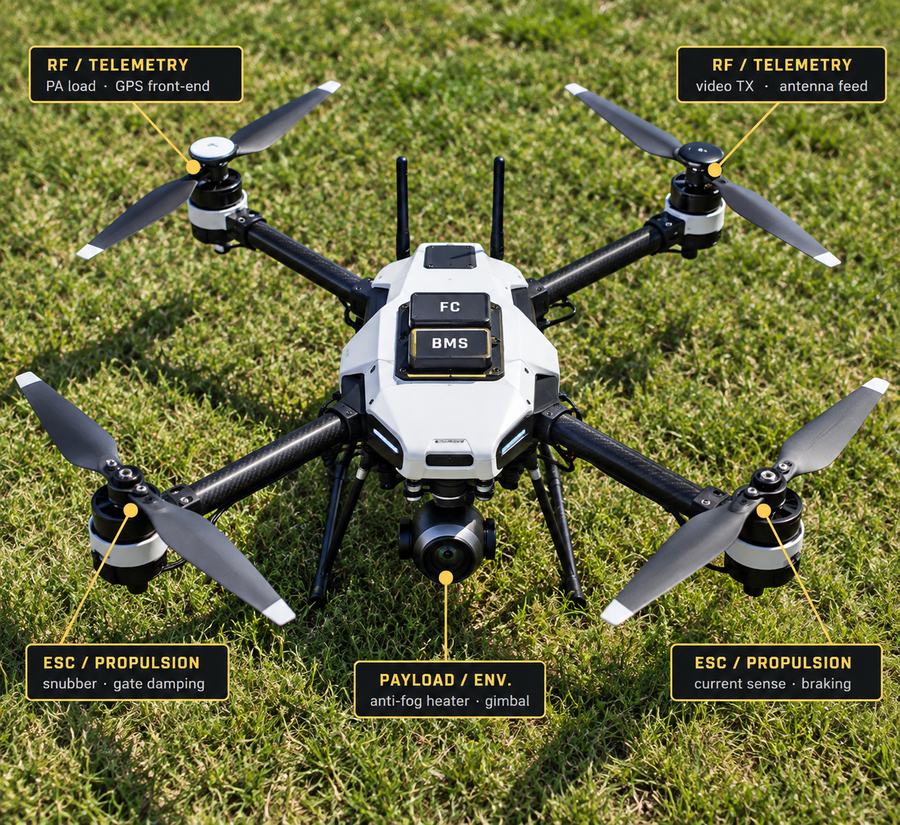 Quad-rotor airframe annotated with the subsystems Component General supplies.