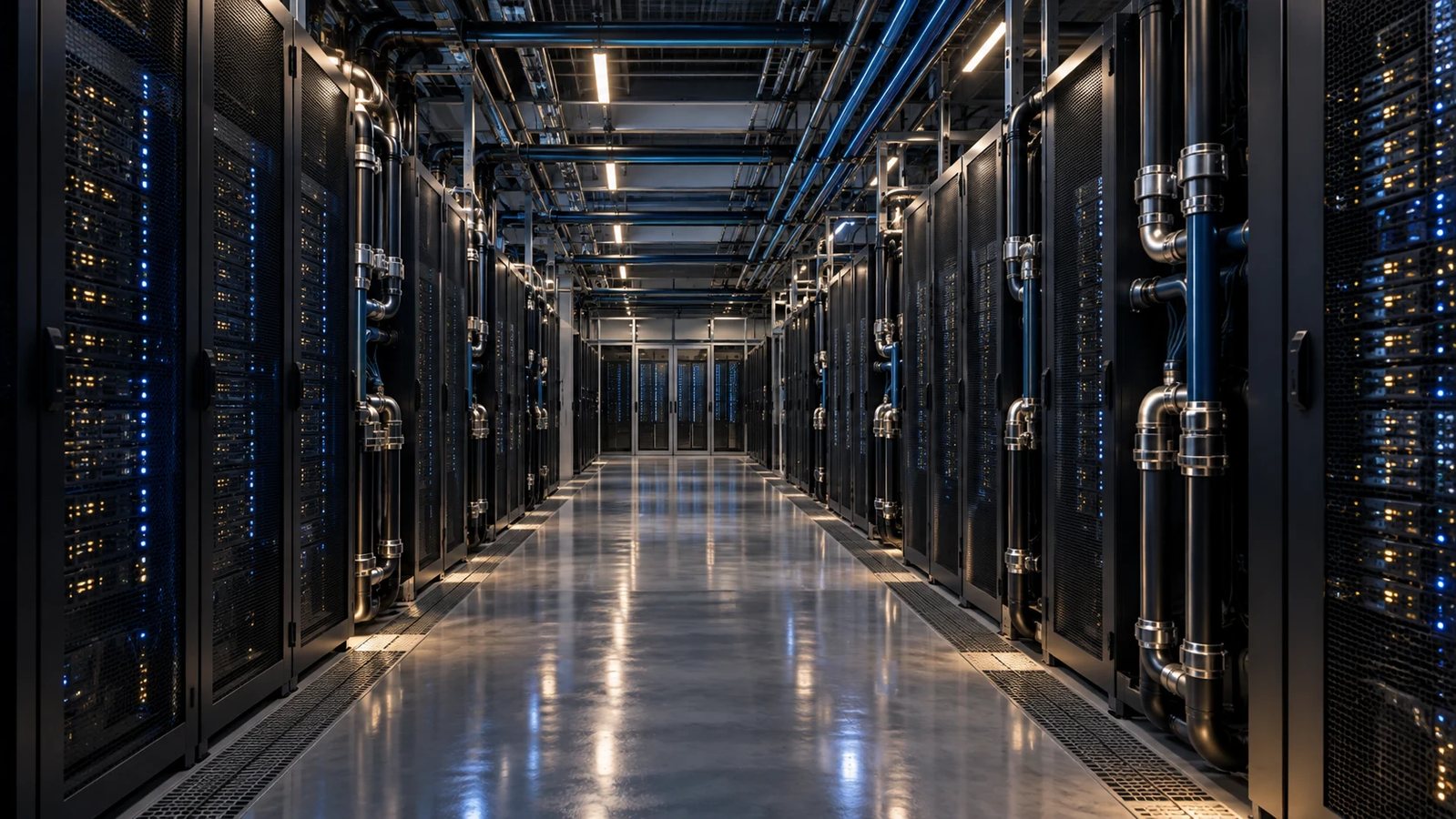 Liquid-cooled data center aisle with coolant distribution piping.
