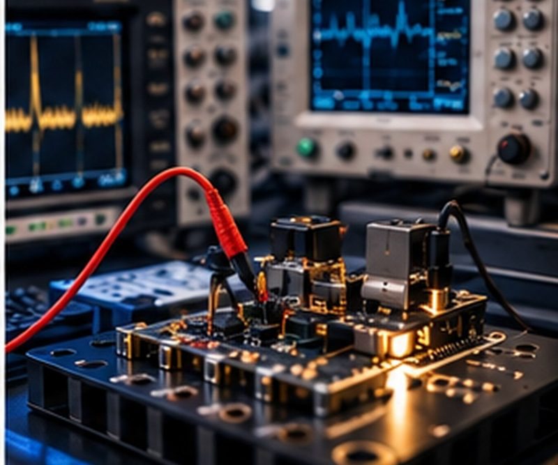 Component under test on an instrumented bench with oscilloscopes and probe leads.
